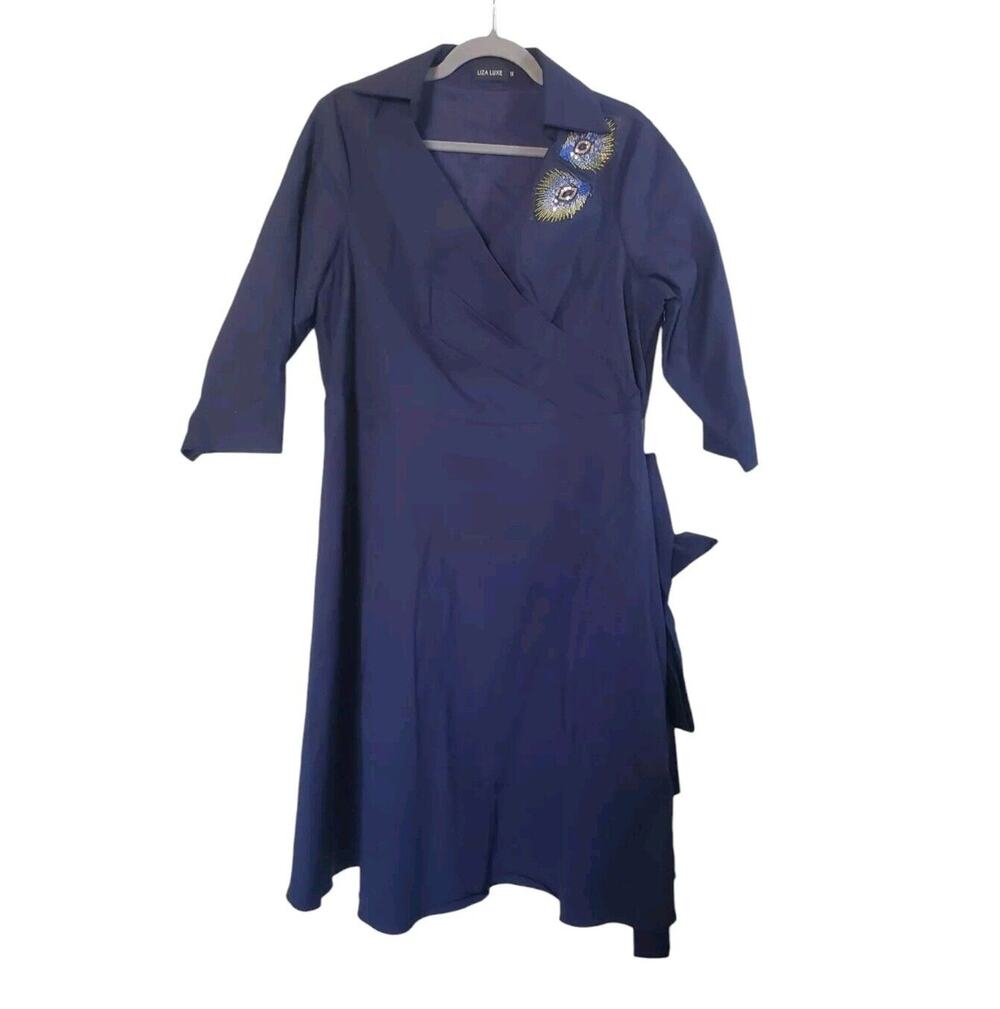 Modcloth Liza Luxe Navy Blue Masquerade Belted Shift Dress w/ Sequins, Size 1X
